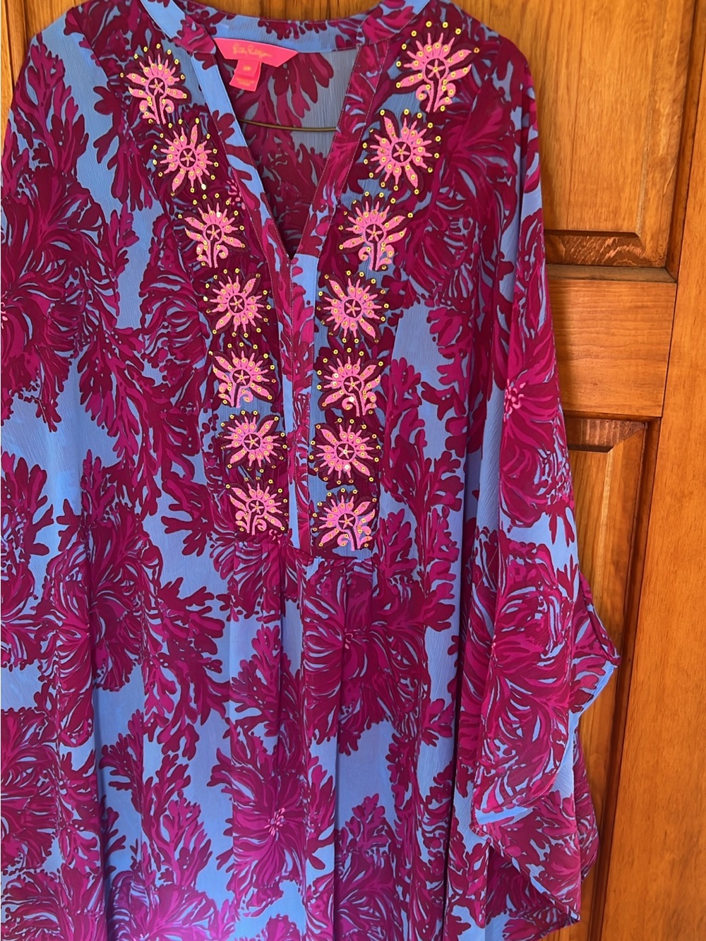 Lilly Pulitzer caftan Blue & Magenta Floral Embroidered Maxi Dress sm/med